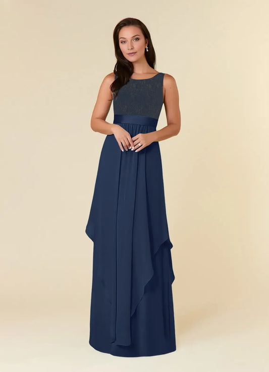 Fashionable Dark Navy A-Line Lace Scoop Neck Sleeveless Back Zip Floor-Length Mother of the Bride Dress hot sale ﻿