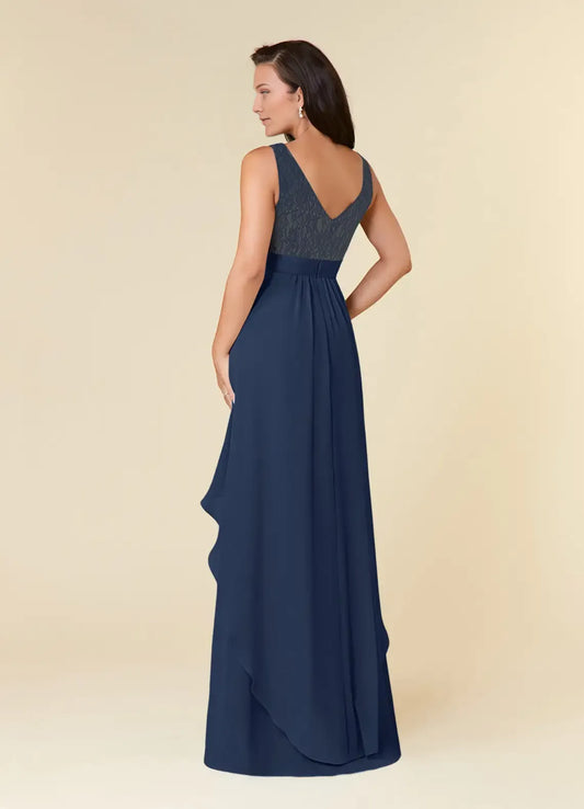 Fashionable Dark Navy A-Line Lace Scoop Neck Sleeveless Back Zip Floor-Length Mother of the Bride Dress hot sale ﻿