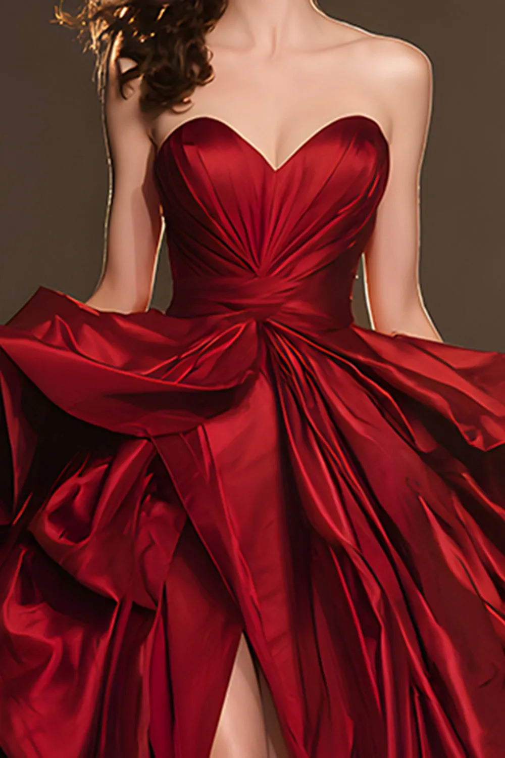 Fashionable Dark Red Ball-Gown Sweetheart Sleeveless Ruffled High Slit Open-Back Floor-Length Prom Dresses with Slit