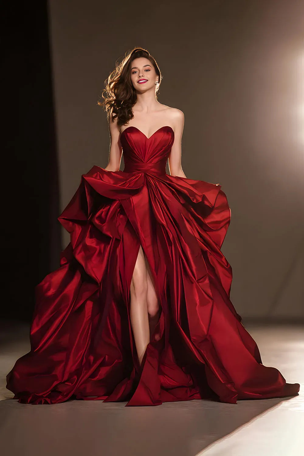 Fashionable Dark Red Ball-Gown Sweetheart Sleeveless Ruffled High Slit Open-Back Floor-Length Prom Dresses with Slit