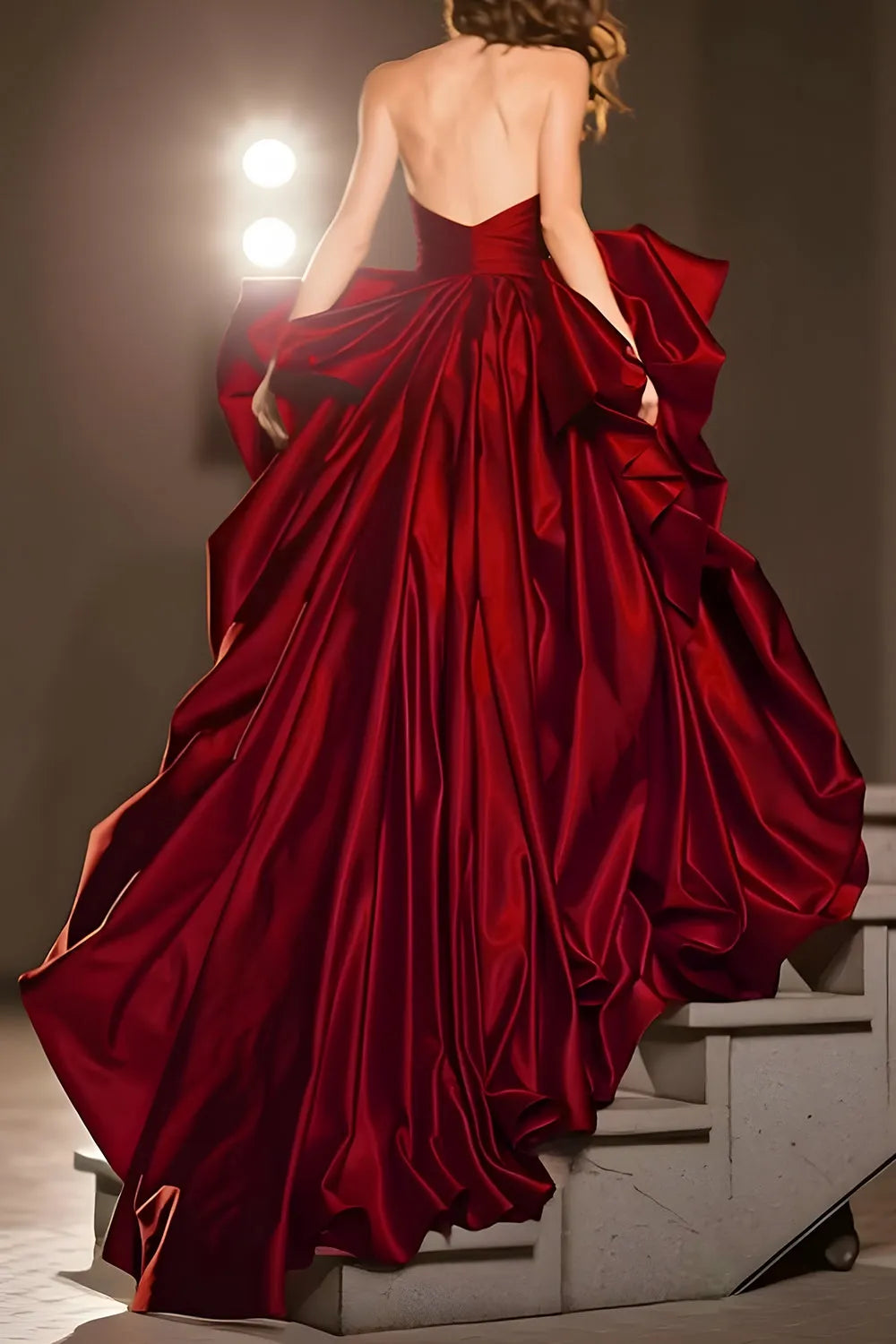 Fashionable Dark Red Ball-Gown Sweetheart Sleeveless Ruffled High Slit Open-Back Floor-Length Prom Dresses with Slit