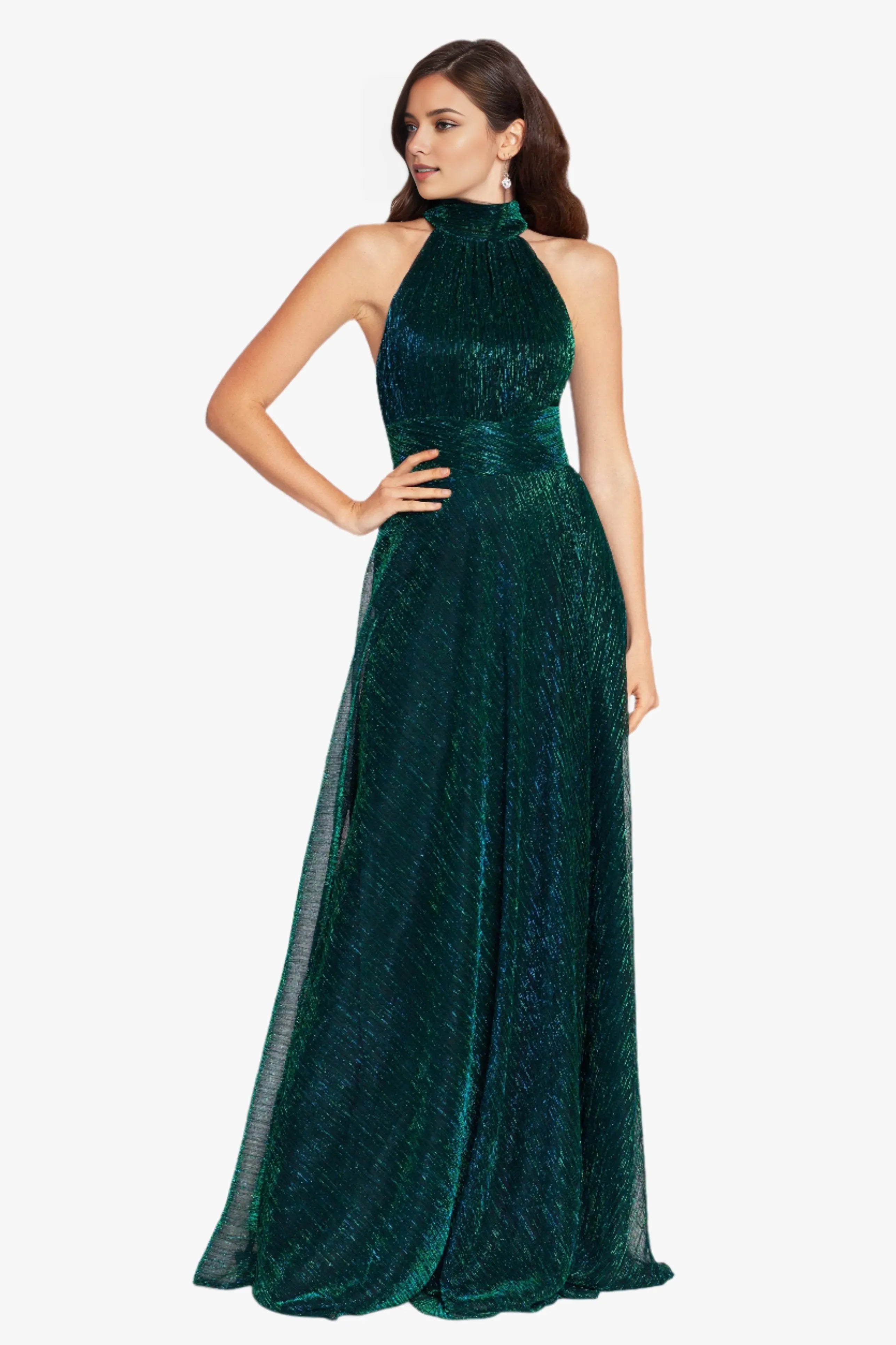 Fashionable Emerald Green A-Line Halter Neck Sleeveless Open Back Metallic Crinkle Floor-Length Prom Dresses for women Hot Sale