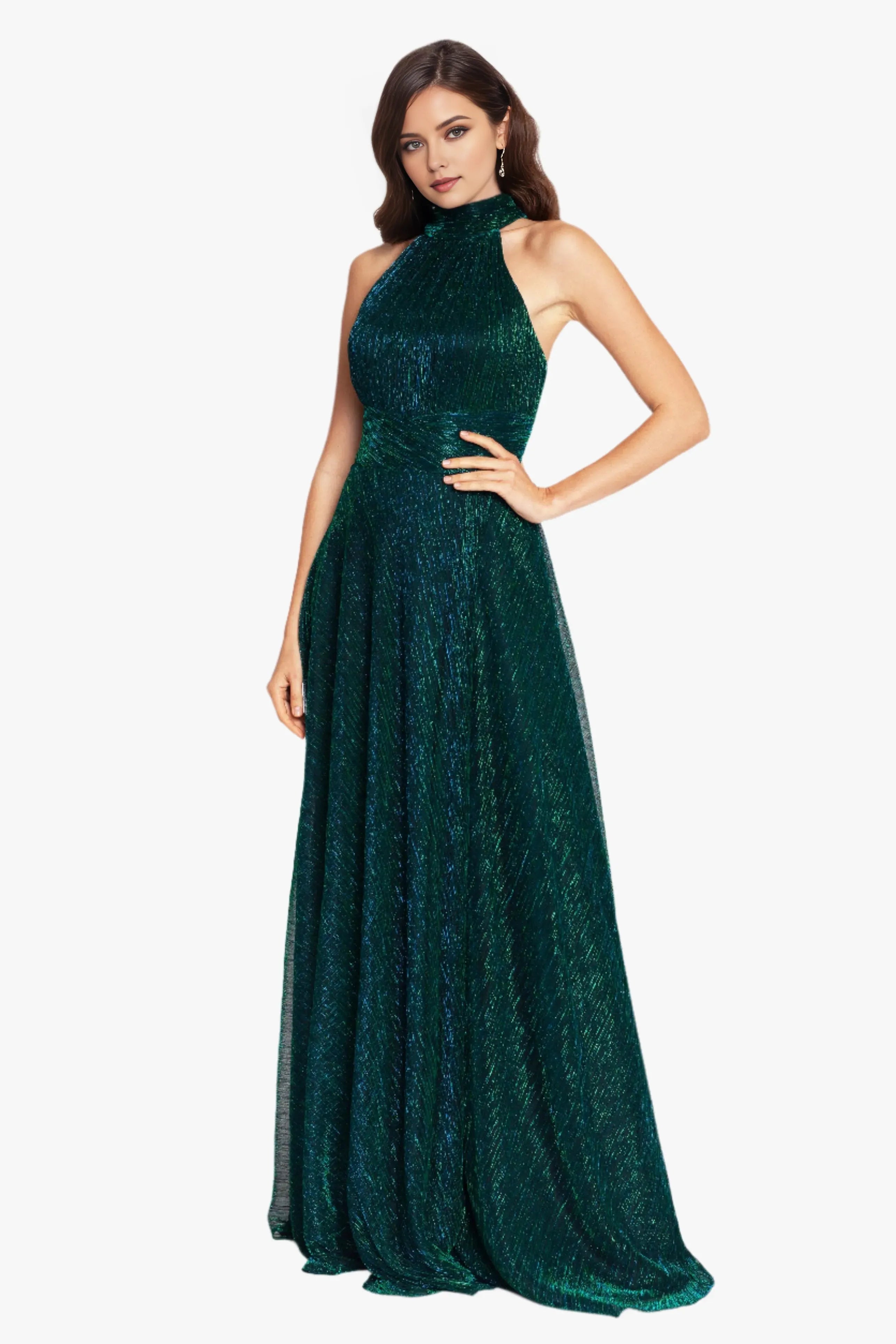Fashionable Emerald Green A-Line Halter Neck Sleeveless Open Back Metallic Crinkle Floor-Length Prom Dresses for women Hot Sale