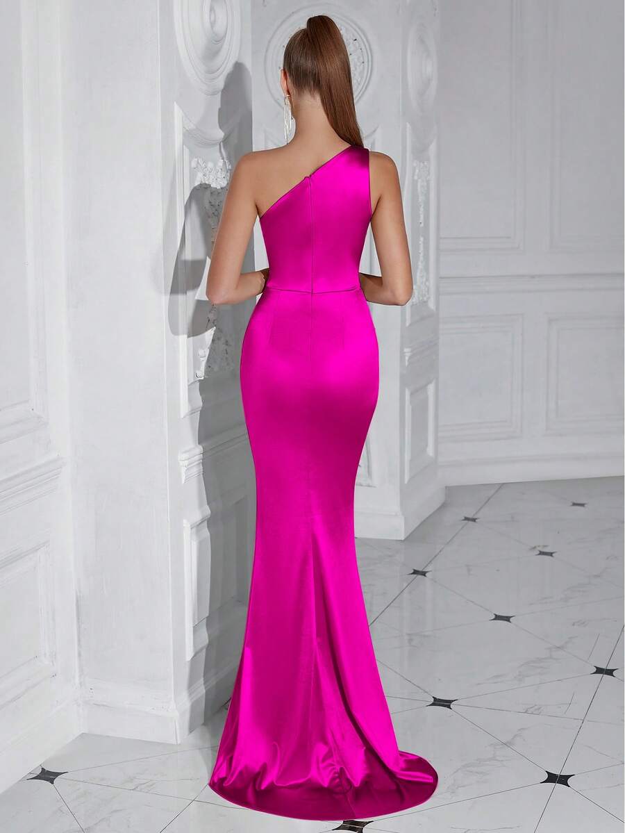 Fashionable Hot Pink Mermaid Asymmetrical Neck Sleeveless Back Zip Ruched Satin Slit Floor-Length Prom Dress