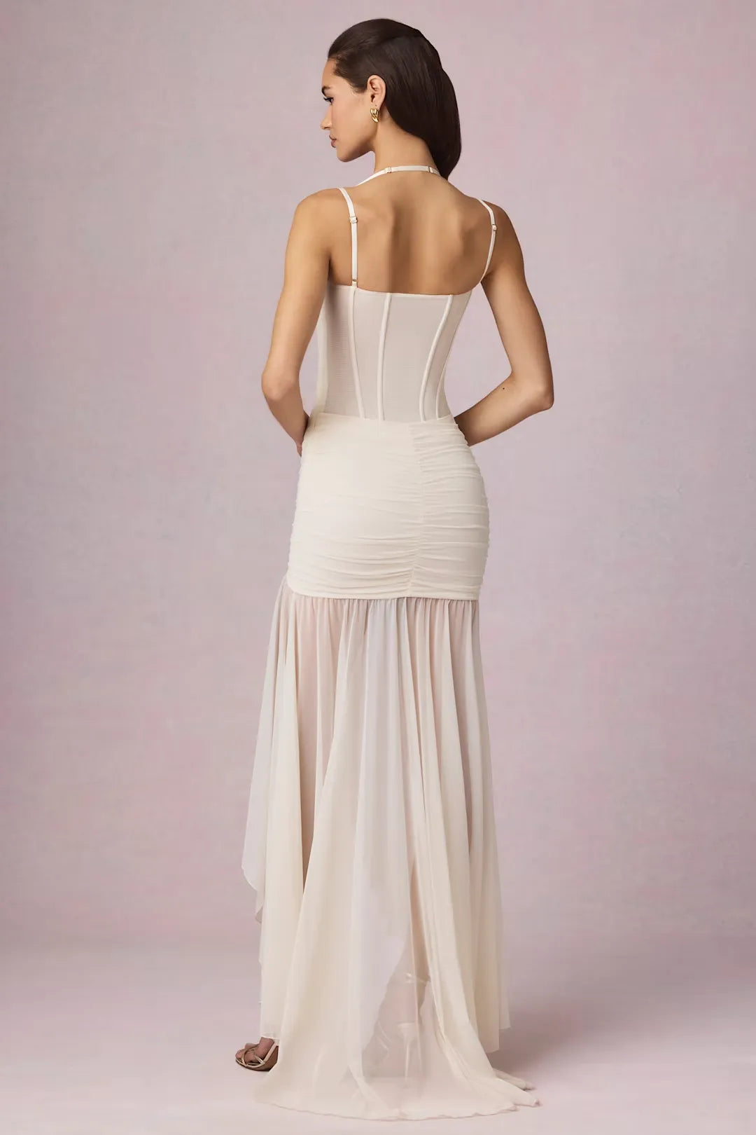 Fashionable Ivory White Sweetheart Neck Boned Corset Spaghetti Strap Ruched Waist High Slit Asymmetrical Chiffon Train Maxi Evening Dress