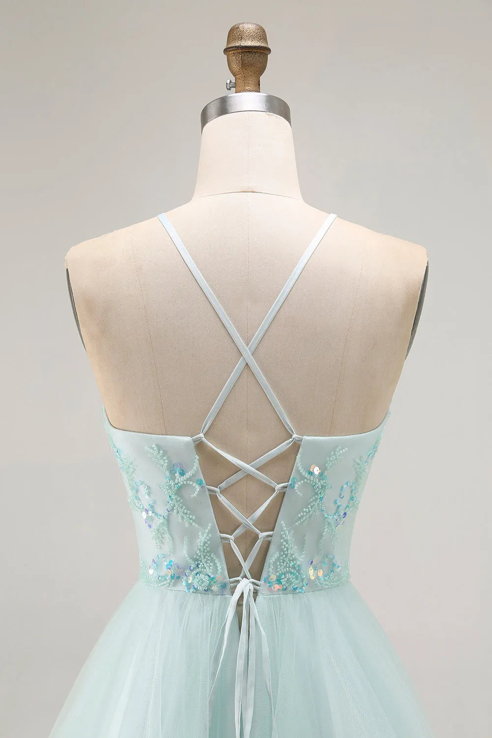 Fashionable Light Green A Line Illusion High-Neck Sleeveless Ruffled Lace-Up Back Floor-Length Prom Dress with Beading