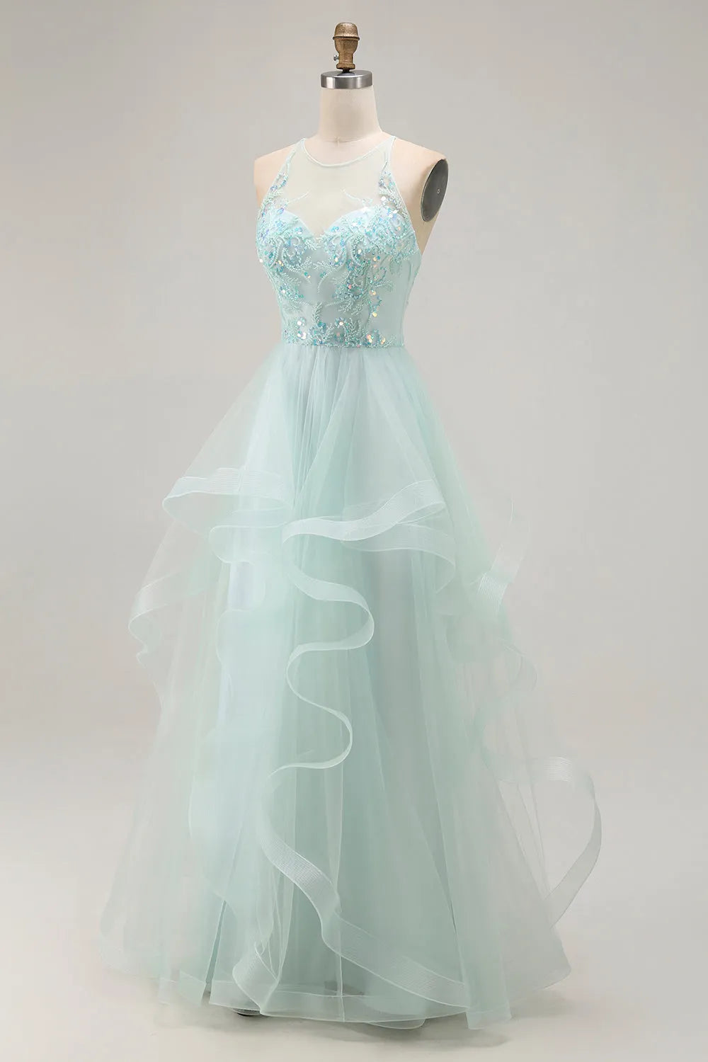 Fashionable Light Green A Line Illusion High-Neck Sleeveless Ruffled Lace-Up Back Floor-Length Prom Dress with Beading