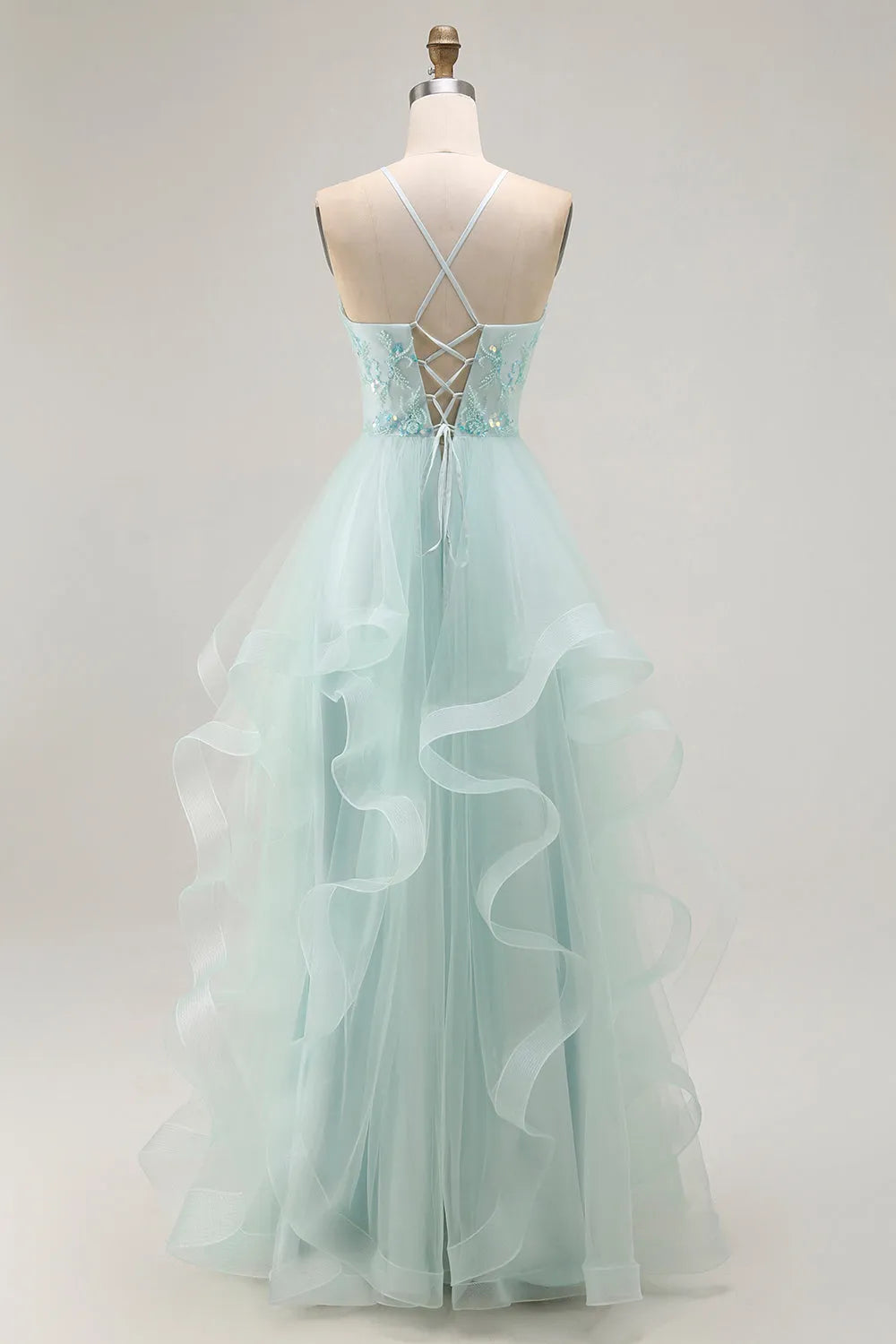 Fashionable Light Green A Line Illusion High-Neck Sleeveless Ruffled Lace-Up Back Floor-Length Prom Dress with Beading