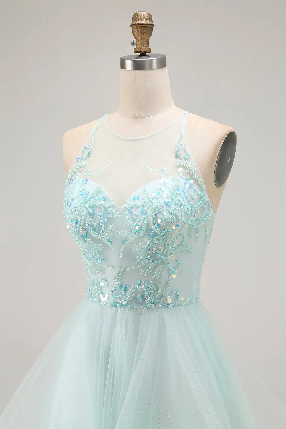 Fashionable Light Green A Line Illusion High-Neck Sleeveless Ruffled Lace-Up Back Floor-Length Prom Dress with Beading