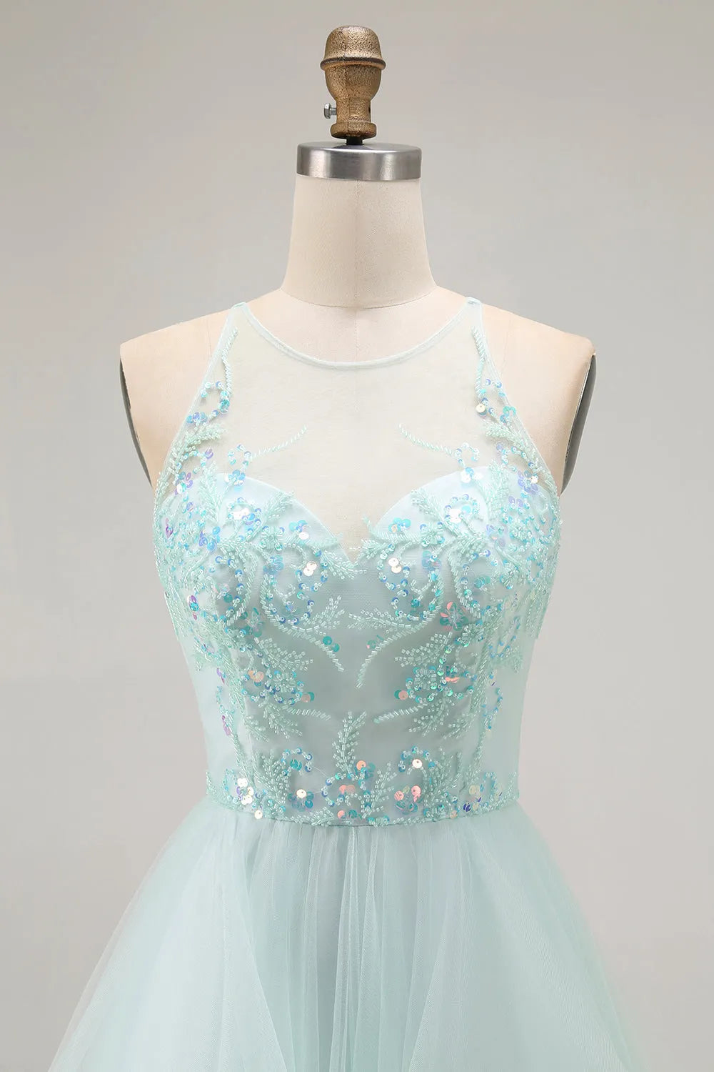 Fashionable Light Green A Line Illusion High-Neck Sleeveless Ruffled Lace-Up Back Floor-Length Prom Dress with Beading