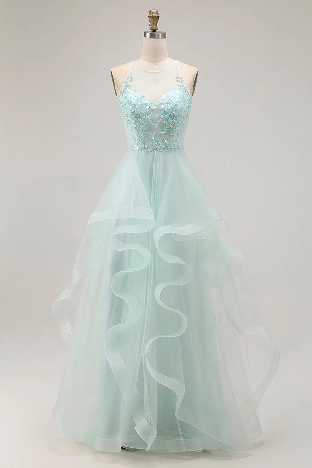 Fashionable Light Green A Line Illusion High-Neck Sleeveless Ruffled Lace-Up Back Floor-Length Prom Dress with Beading