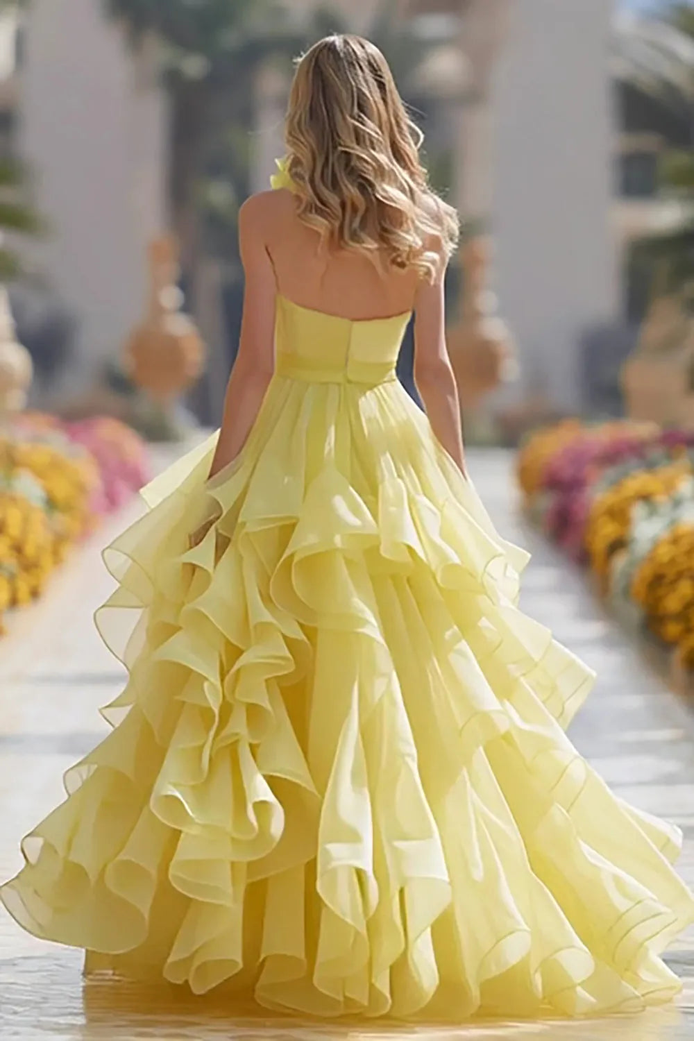 Fashionable Light Yellow A-Line Halter Neck Sleeveless Back Zip Ruffled Floor-Length Prom Dresses
