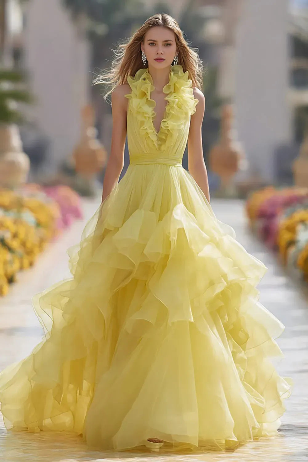 Fashionable Light Yellow A-Line Halter Neck Sleeveless Back Zip Ruffled Floor-Length Prom Dresses