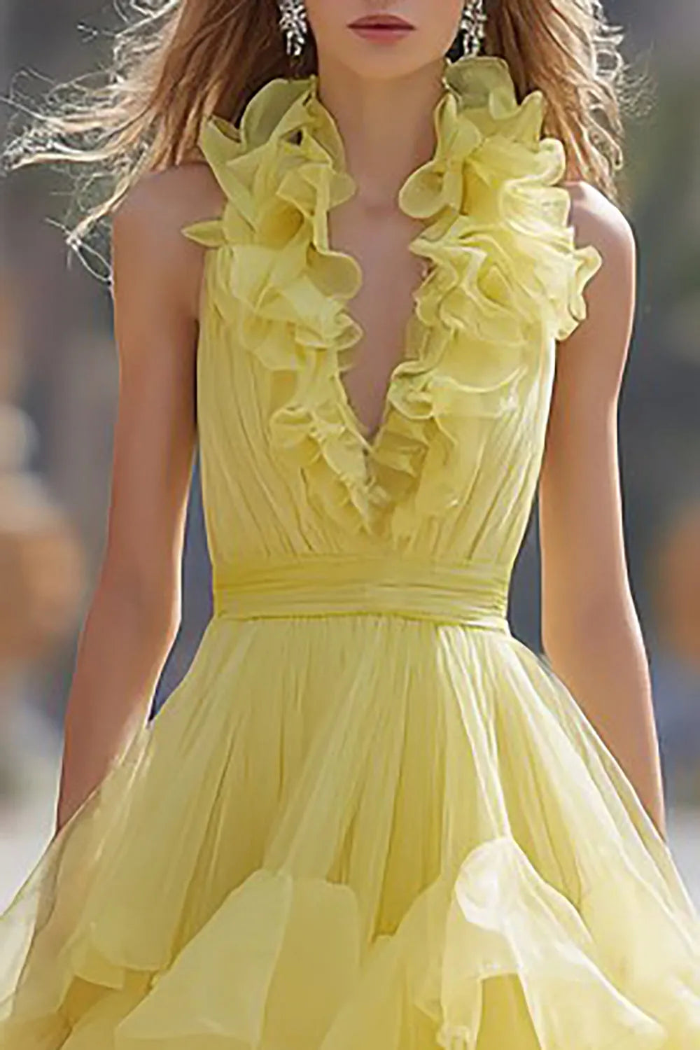 Fashionable Light Yellow A-Line Halter Neck Sleeveless Back Zip Ruffled Floor-Length Prom Dresses