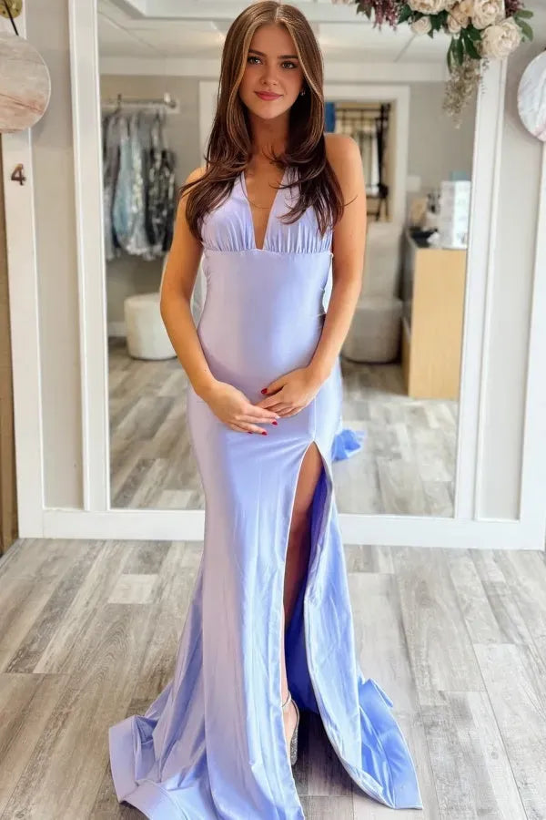 Fashionable Mermaid Deep V -Neck Halter Sleeveless Ruched Cut Out Back High - Slit Floor - Length Prom Dress Hot Sale