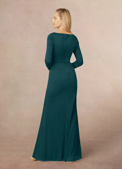 Fashionable Mermaid V-Neck Cascading Ruffles Long Sleeves Back Zip Floor-Length Side Leg Slit Mother of the Bride Dress hot sale