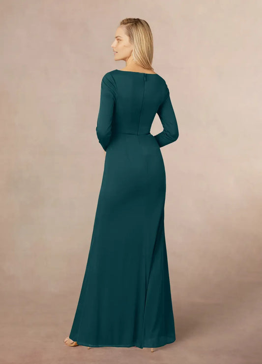 Fashionable Mermaid V-Neck Cascading Ruffles Long Sleeves Back Zip Floor-Length Side Leg Slit Mother of the Bride Dress hot sale