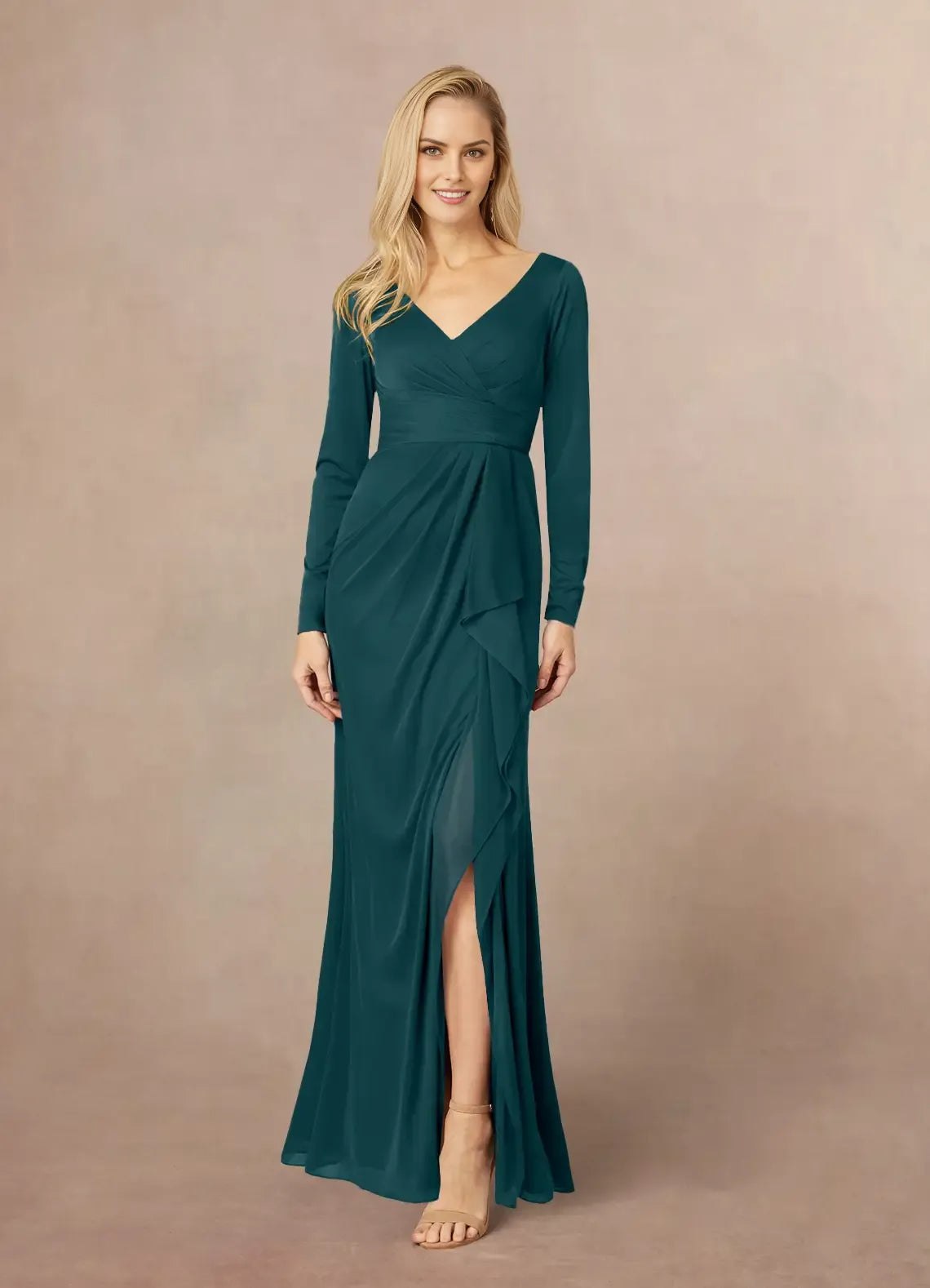 Fashionable Mermaid V-Neck Cascading Ruffles Long Sleeves Back Zip Floor-Length Side Leg Slit Mother of the Bride Dress hot sale