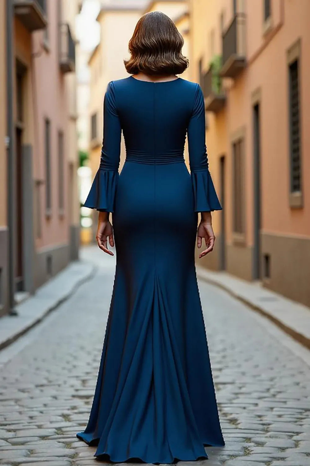 Fashionable Mermaid V-Neck Flare Sleeve Back Zip Floor-Length Mother of the Bride Dress with hot sale