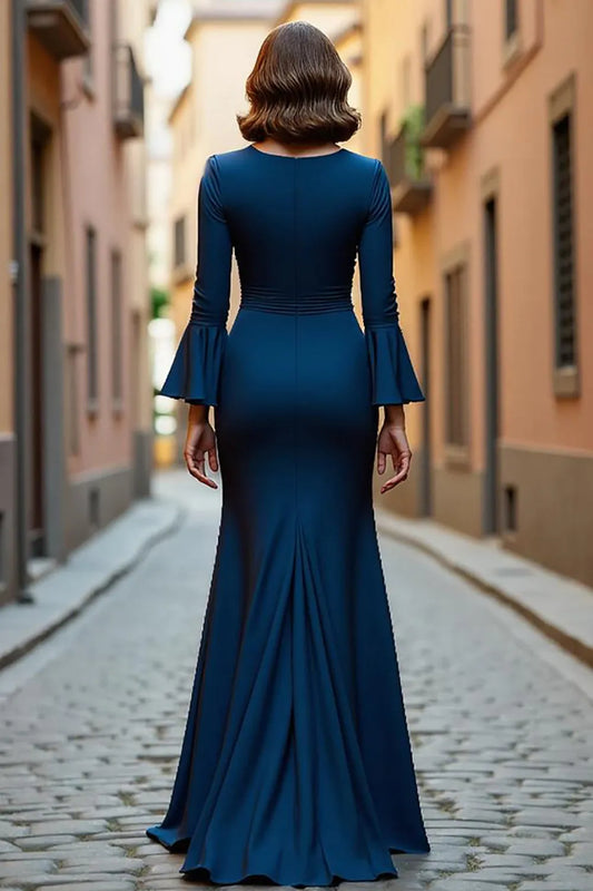 Fashionable Mermaid V-Neck Flare Sleeve Back Zip Floor-Length Mother of the Bride Dress with hot sale