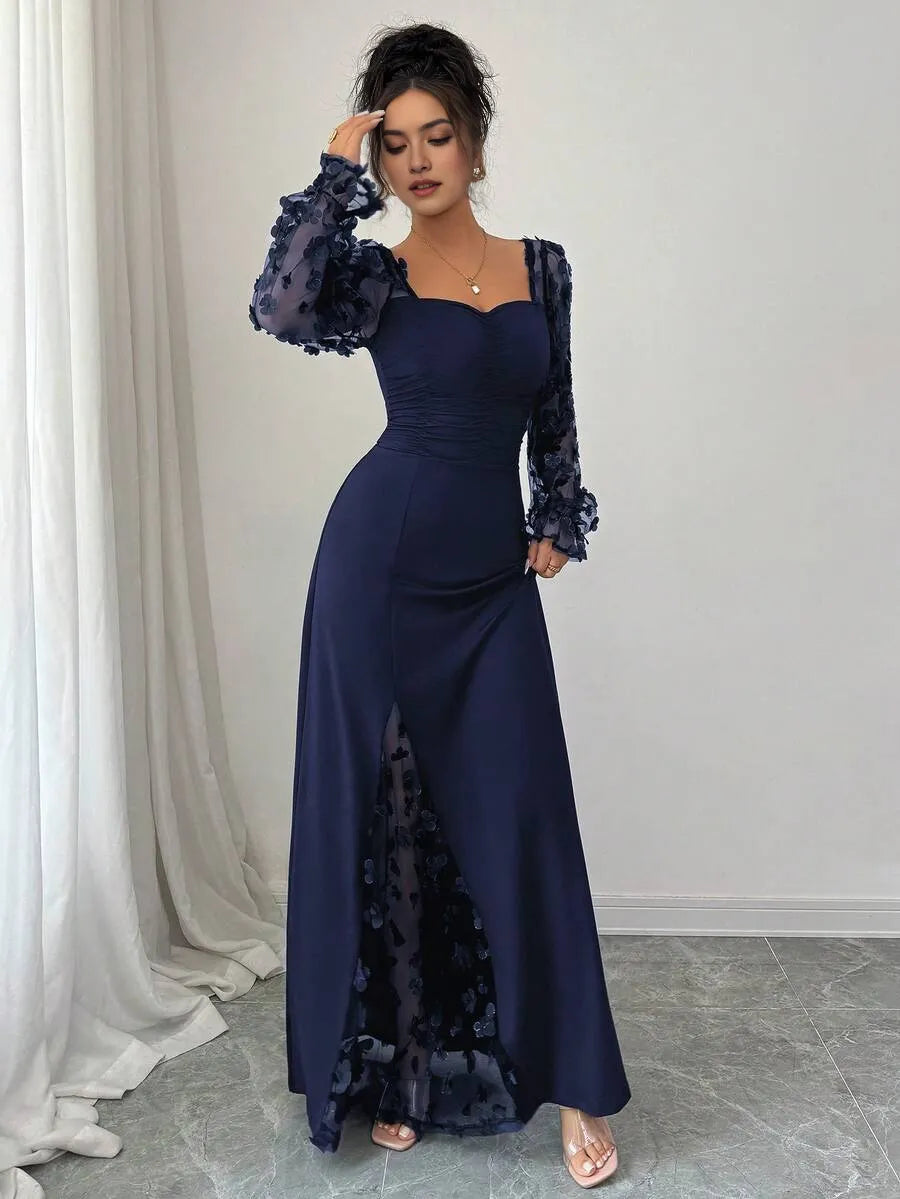 Fashionable Navy Blue A-Line Square Neck Floral Sleeve Ruched Appliques Contrast Slit Floor-Length Prom Dress