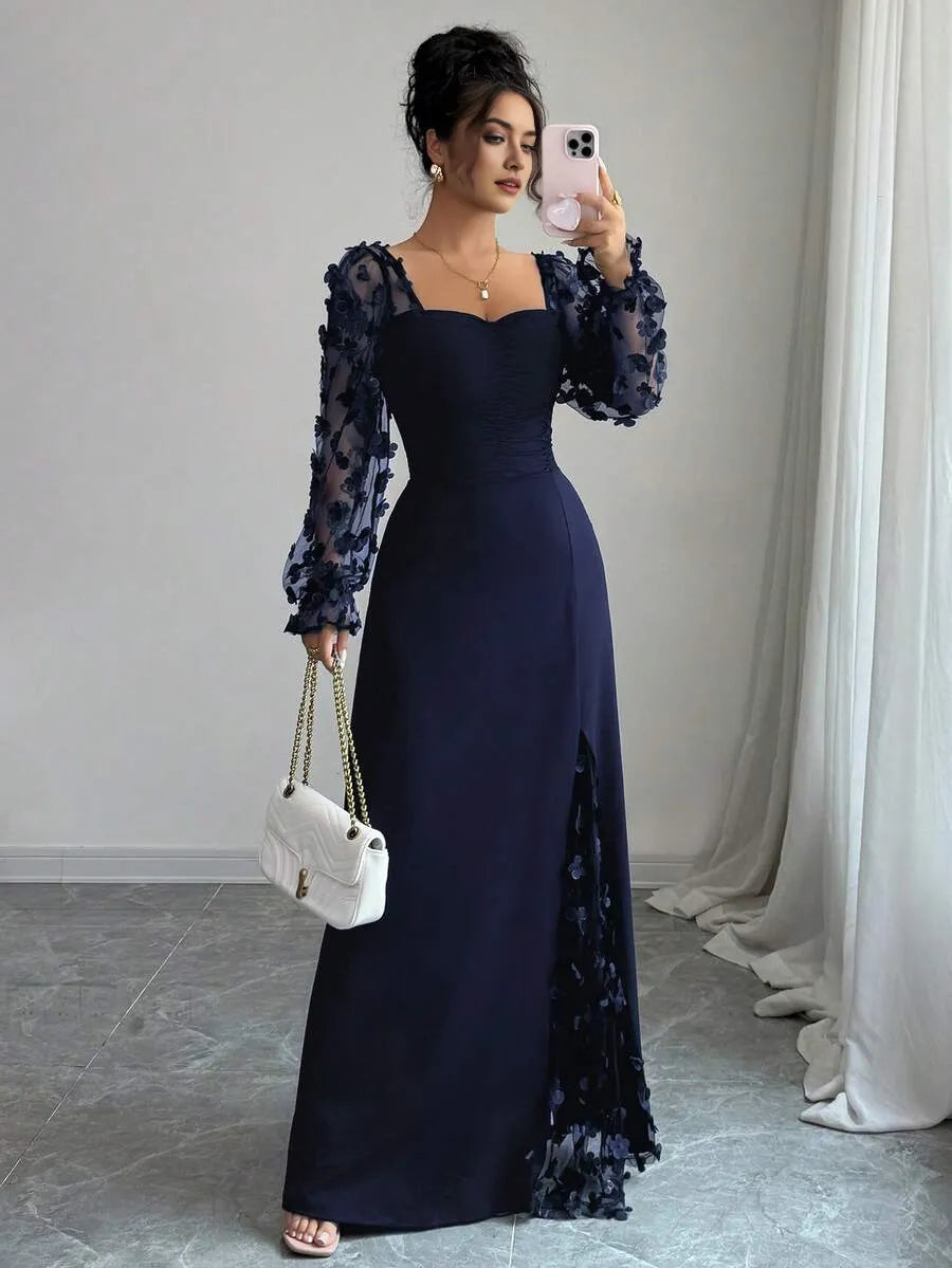 Fashionable Navy Blue A-Line Square Neck Floral Sleeve Ruched Appliques Contrast Slit Floor-Length Prom Dress