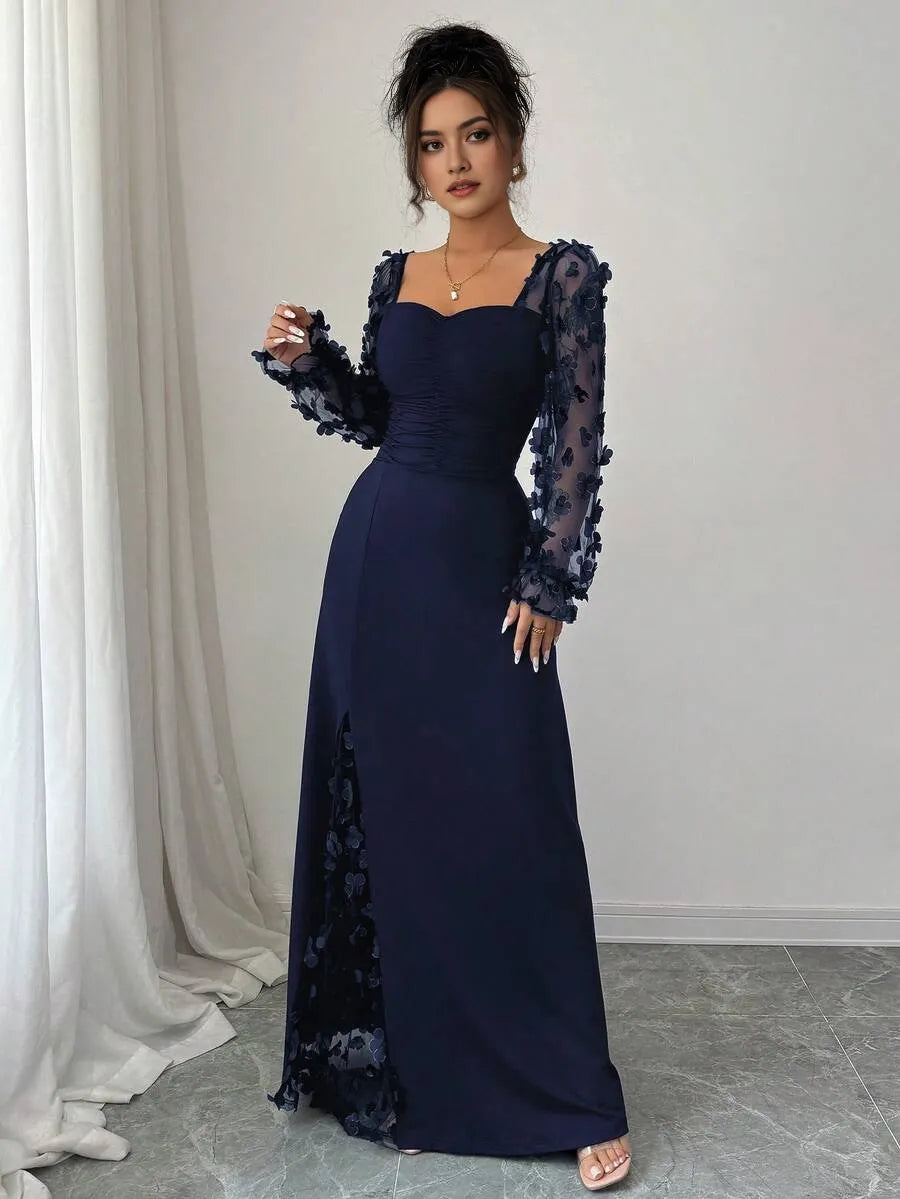 Fashionable Navy Blue A-Line Square Neck Floral Sleeve Ruched Appliques Contrast Slit Floor-Length Prom Dress