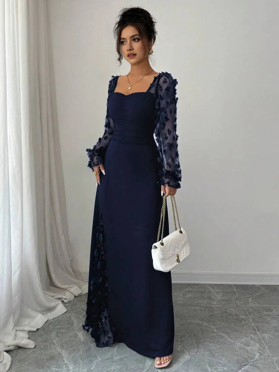 Fashionable Navy Blue A-Line Square Neck Floral Sleeve Ruched Appliques Contrast Slit Floor-Length Prom Dress