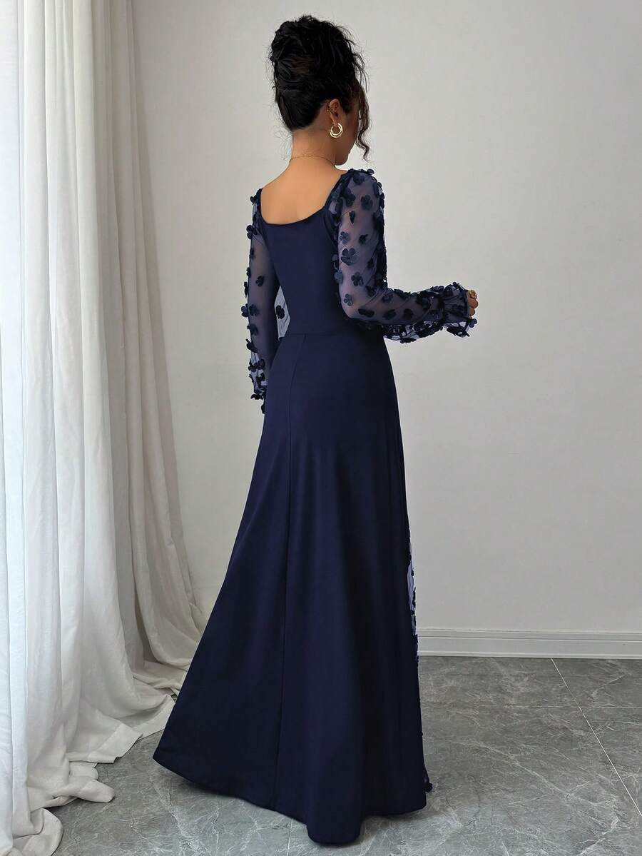 Fashionable Navy Blue A-Line Square Neck Floral Sleeve Ruched Appliques Contrast Slit Floor-Length Prom Dress
