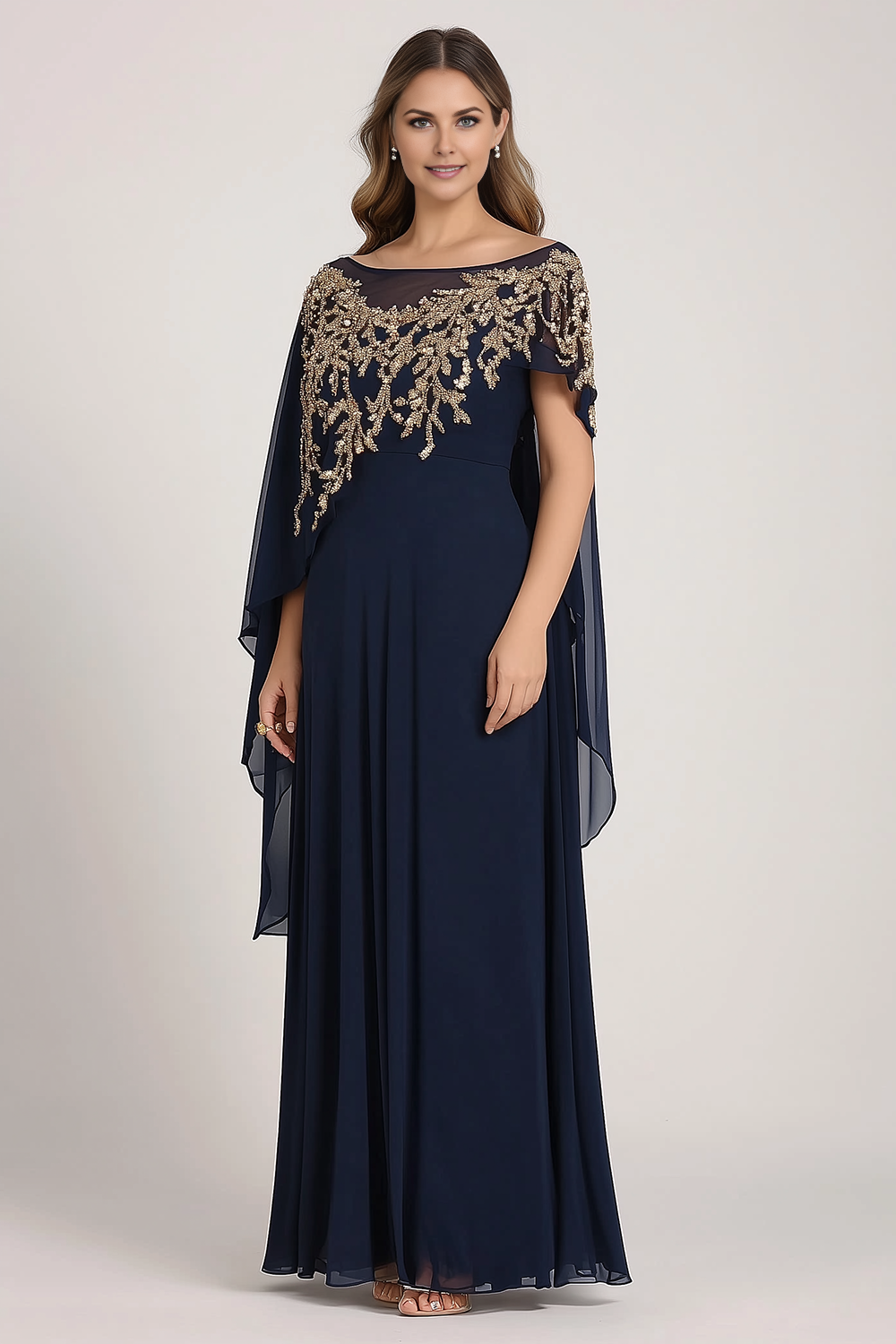 Fashionable Navy Blue Beaded Chiffon Sheath Off-Shoulder Gold Embellished Cape Mother of the Bride Dress with for sale