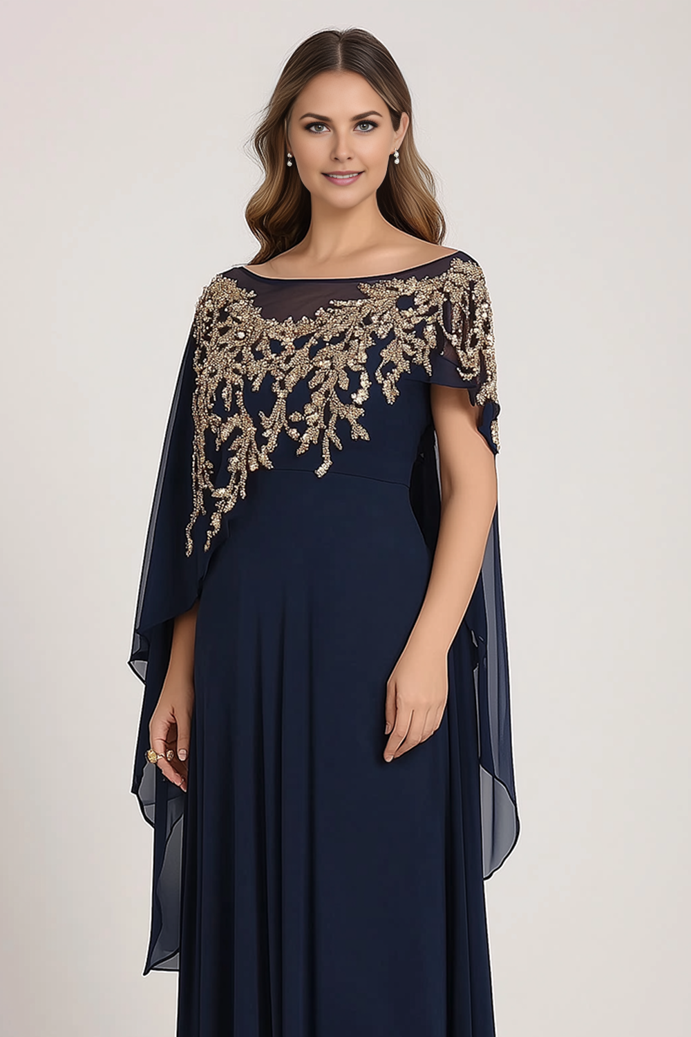 Fashionable Navy Blue Beaded Chiffon Sheath Off-Shoulder Gold Embellished Cape Mother of the Bride Dress with for sale