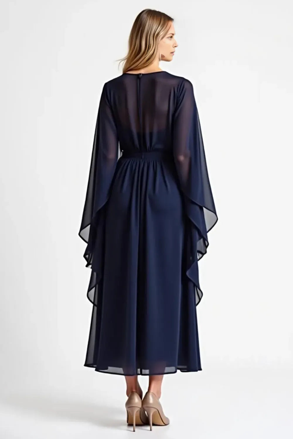 Fashionable Navy Blue Chiffon Ruffles V Neck Cape Sleeve Mother of the Bride Dress for female guests hot sale
