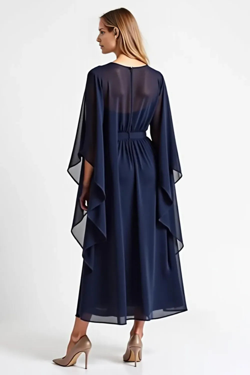 Fashionable Navy Blue Chiffon Ruffles V Neck Cape Sleeve Mother of the Bride Dress for female guests hot sale