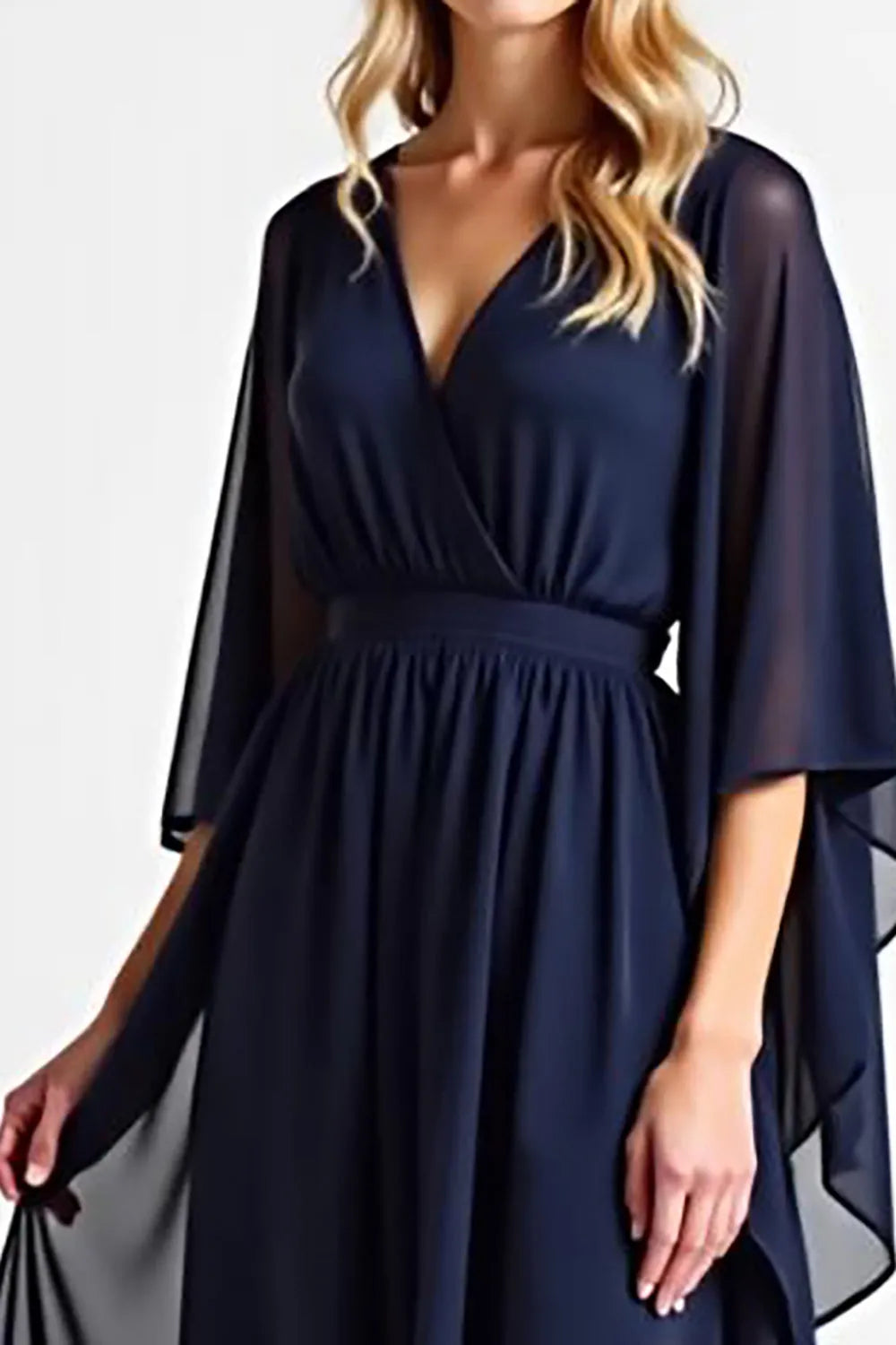 Fashionable Navy Blue Chiffon Ruffles V Neck Cape Sleeve Mother of the Bride Dress for female guests hot sale