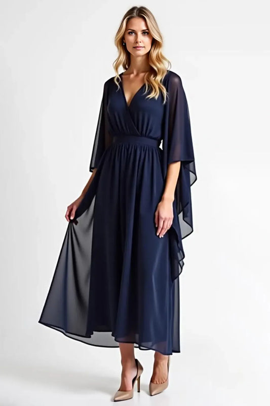 Fashionable Navy Blue Chiffon Ruffles V Neck Cape Sleeve Mother of the Bride Dress for female guests hot sale
