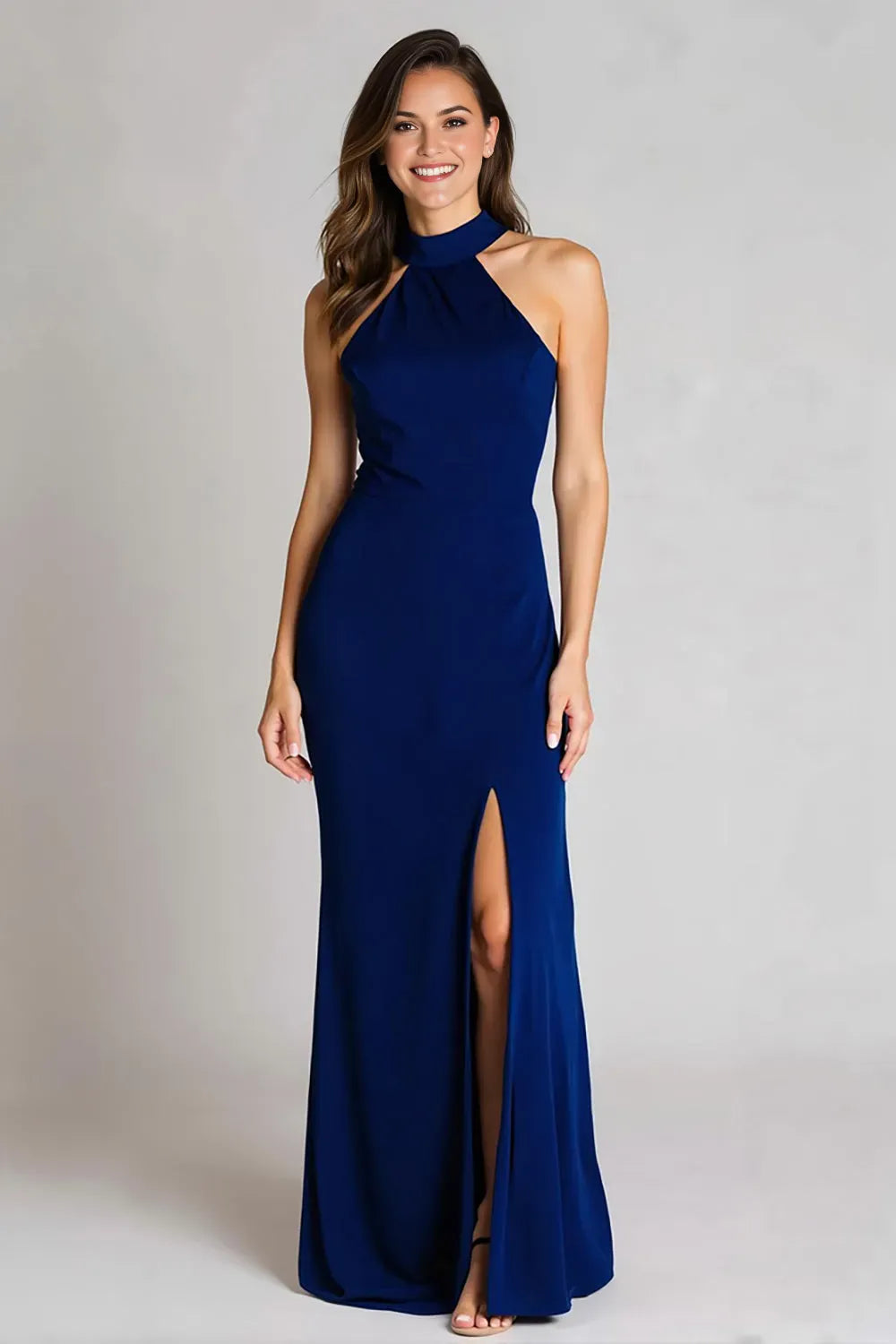Fashionable Navy Sheath High Halter Neck Sleeveless Backless Back Zip Floor-Length Prom Dresses with Slit
