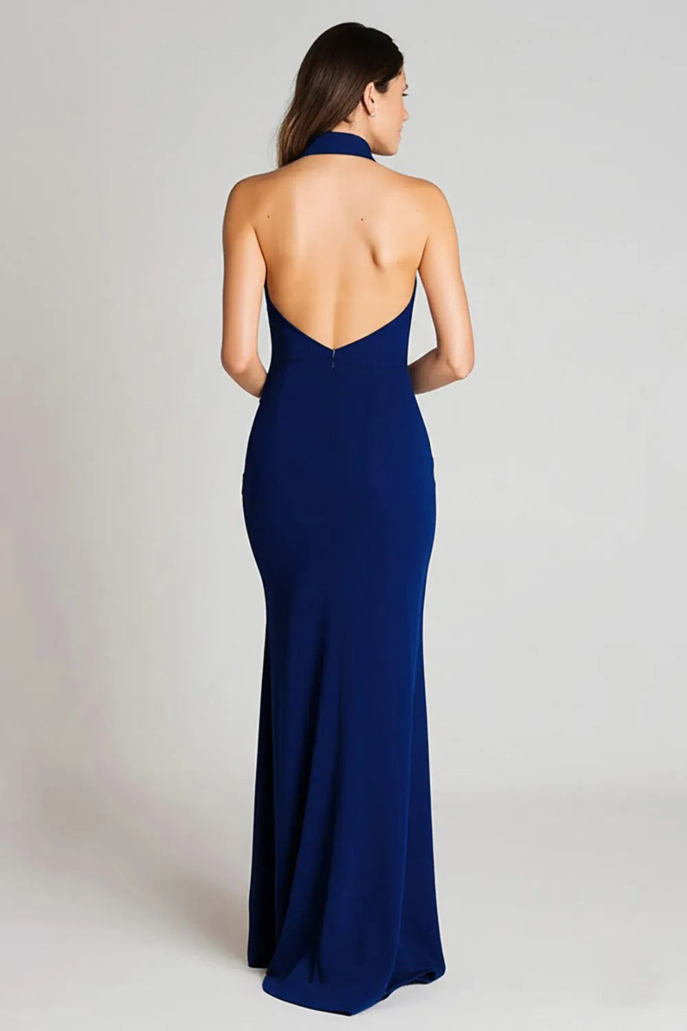 Fashionable Navy Sheath High Halter Neck Sleeveless Backless Back Zip Floor-Length Prom Dresses with Slit