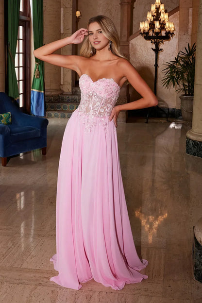 Fashionable Pink A-line illusion sweetheart Chiffon Strapless Off the shoulder Beaded Embellishments Lace Up Floor-Length prom dress hot sale