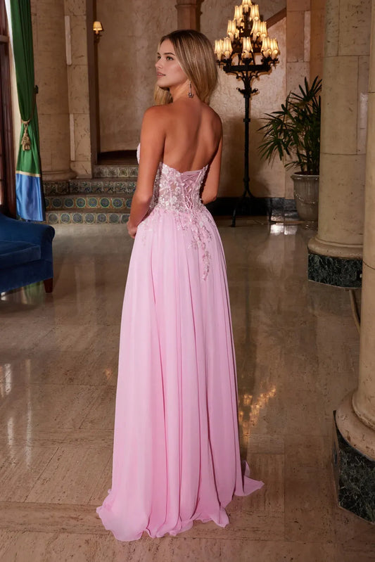 Fashionable Pink A-line illusion sweetheart Chiffon Strapless Off the shoulder Beaded Embellishments Lace Up Floor-Length prom dress hot sale