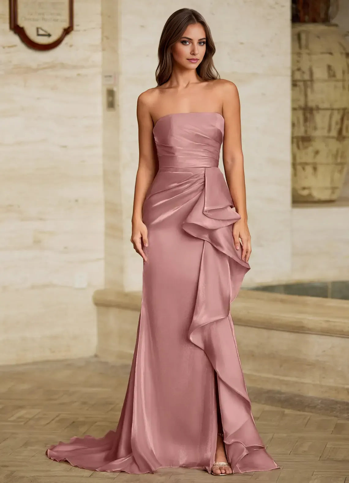 Fashionable Pink Mermaid Strapless Neck Sleeveless  Back Zip Floor-Length Satin Prom Dress with Ruffled Detail