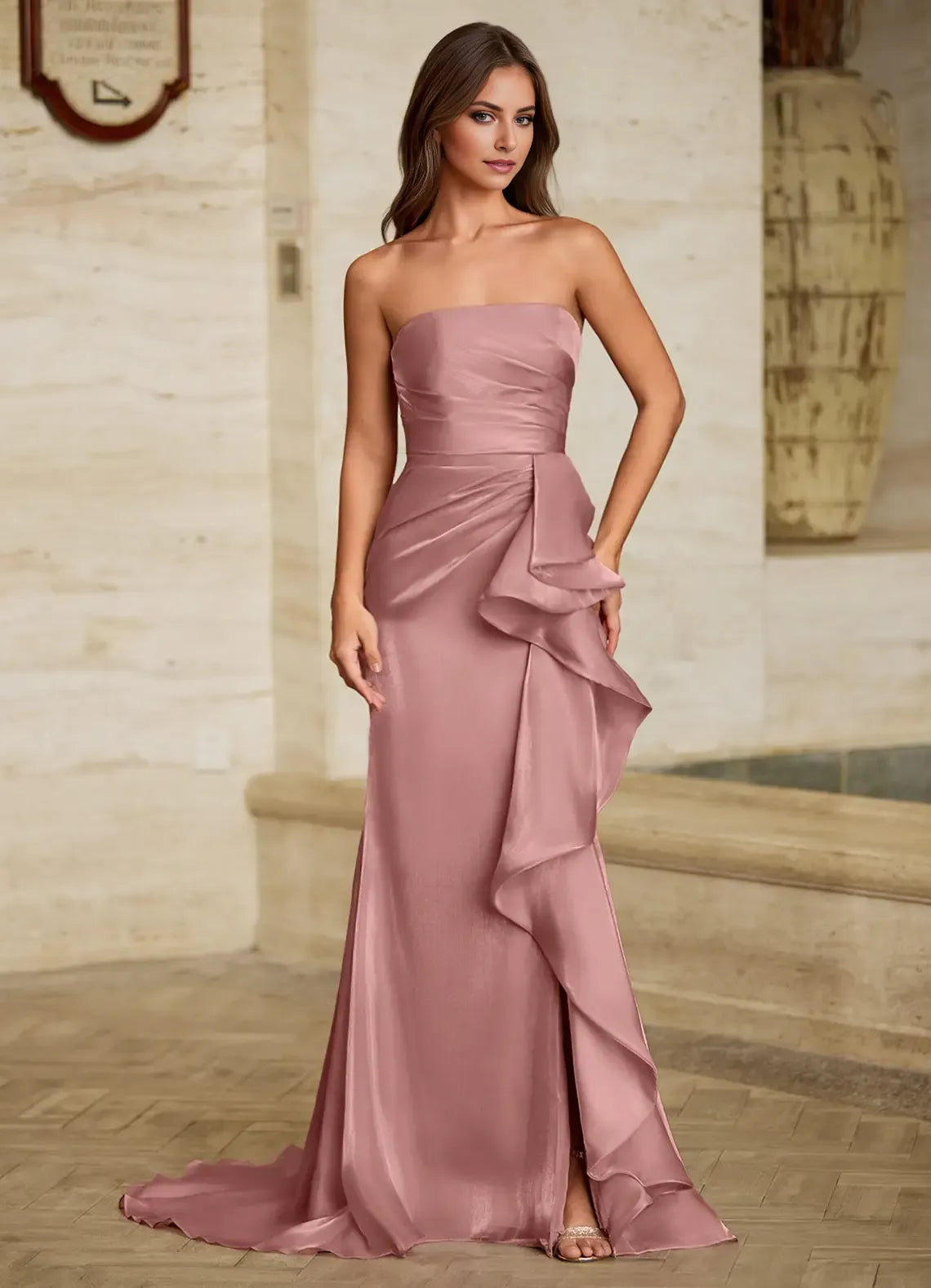 Fashionable Pink Mermaid Strapless Neck Sleeveless  Back Zip Floor-Length Satin Prom Dress with Ruffled Detail