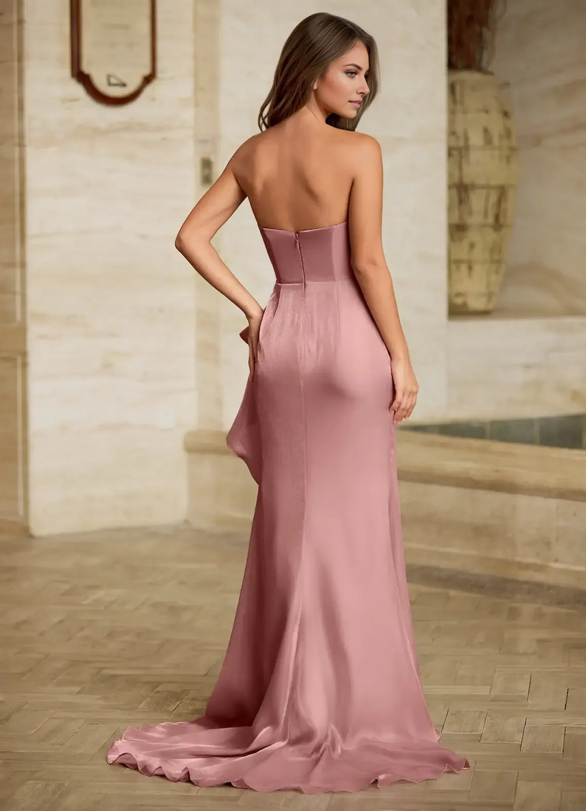 Fashionable Pink Mermaid Strapless Neck Sleeveless  Back Zip Floor-Length Satin Prom Dress with Ruffled Detail
