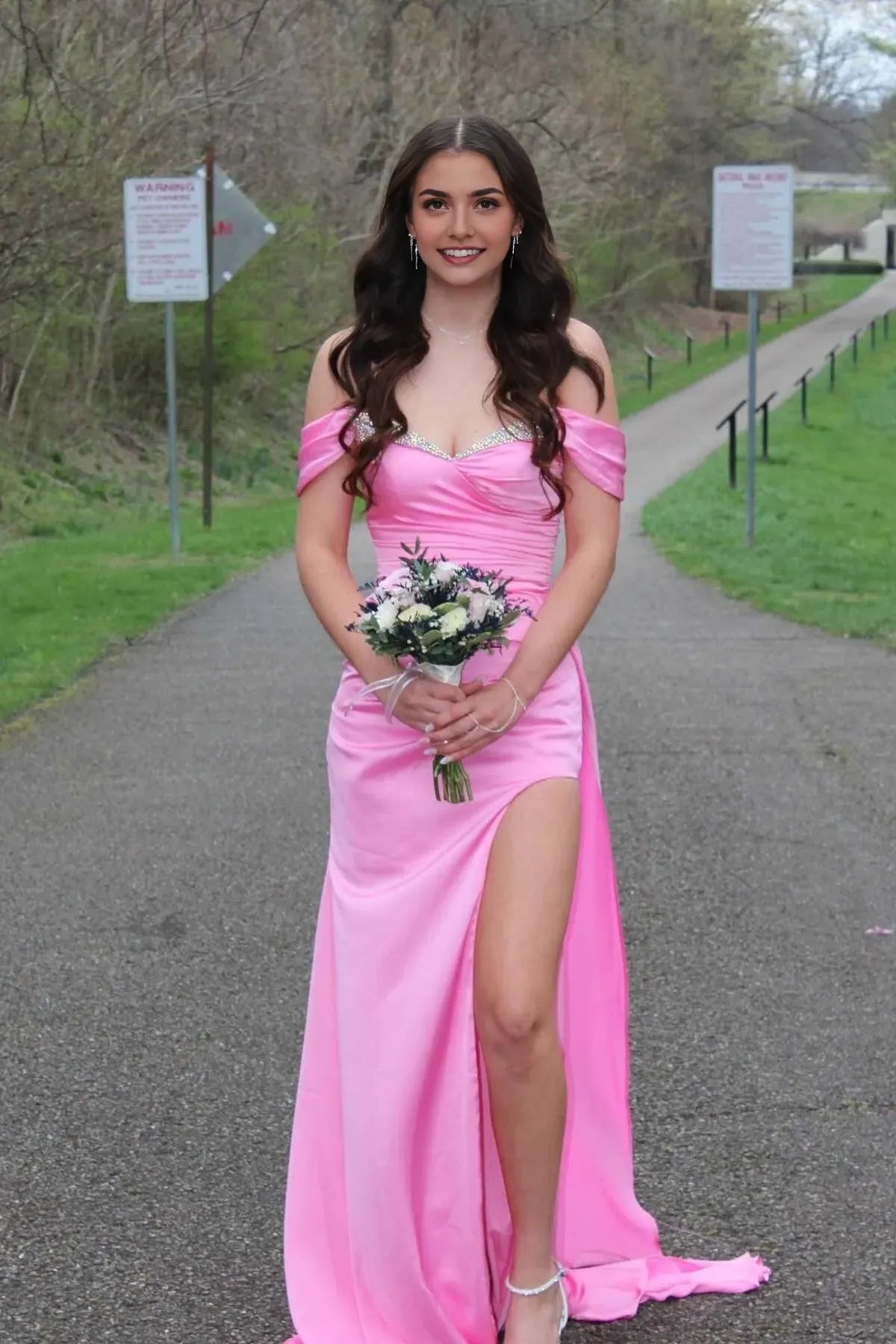 Fashionable Pink Satin Mermaid Off the Shoulder Sleeveless Ruched Back Zip Floor - Length Prom Dress with Slit
