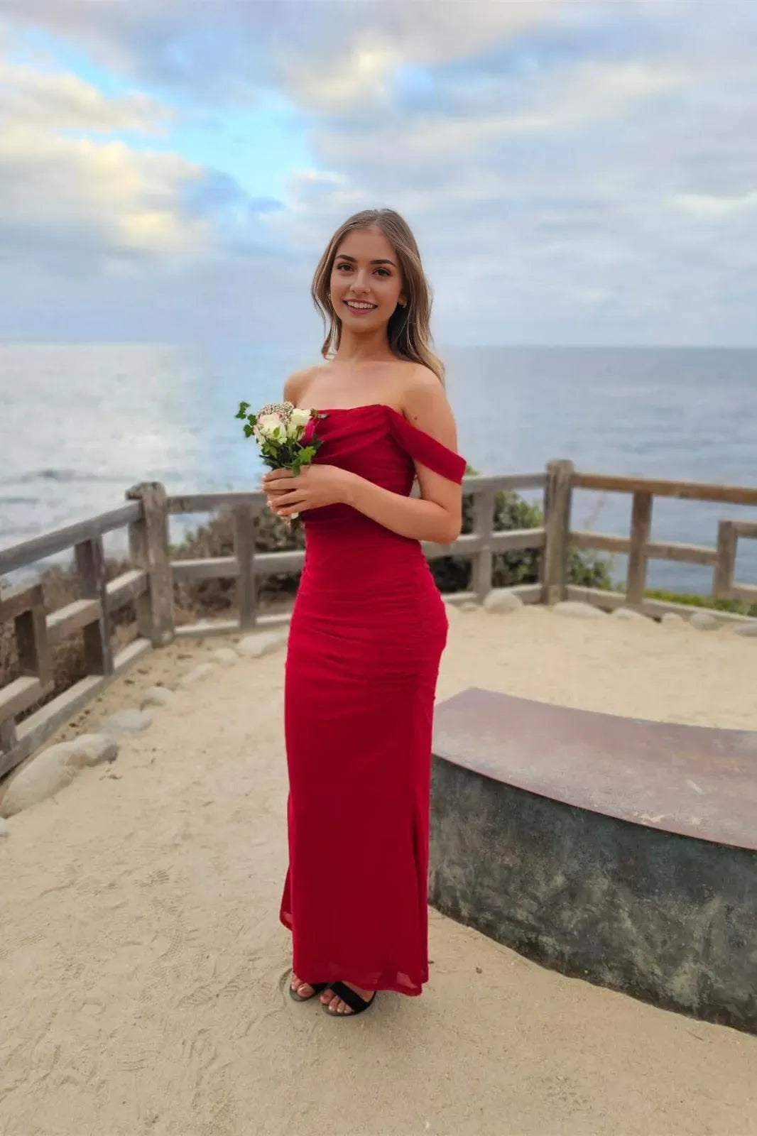 Fashionable Red Mermaid Off the Shoulder Sleeveless Tulle Open - Back Back Zip Ankle length Prom Dresses
