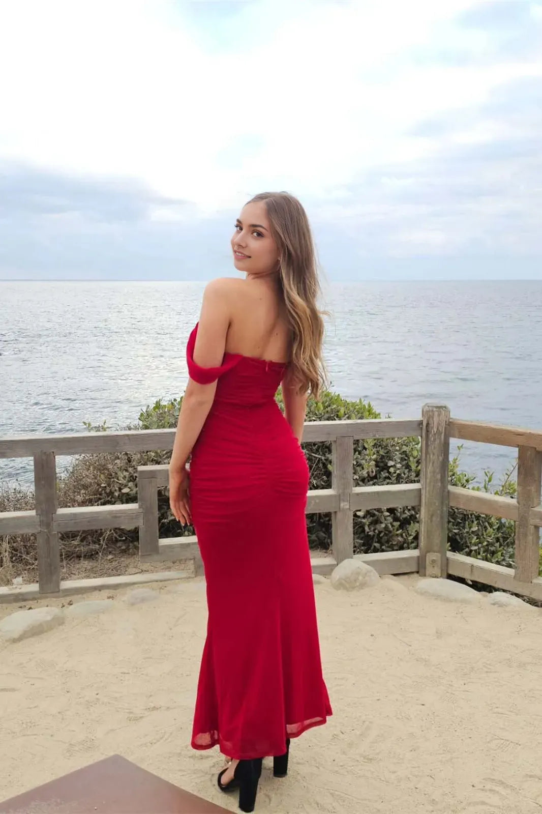 Fashionable Red Mermaid Off the Shoulder Sleeveless Tulle Open - Back Back Zip Ankle length Prom Dresses