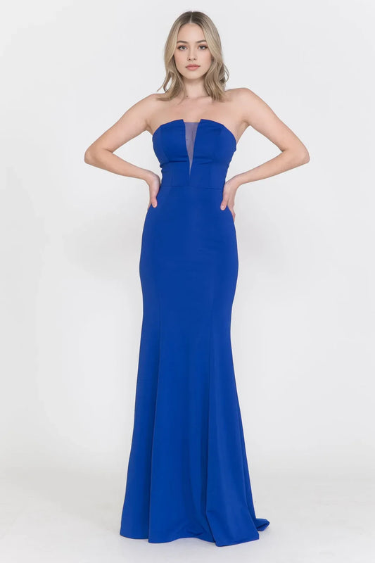 Fashionable Royal Blue straight neckline Illusion Strapless Backless zipper Floor length prom dress for women hot sale