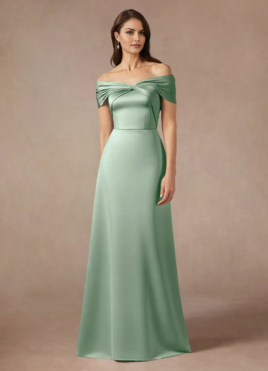 Fashionable Satin A-Line Off the Shoulder Sleeveless Back Zip Floor-Length Mother of the Bride Dress for mother of the bride