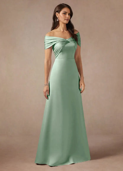 Fashionable Satin A-Line Off the Shoulder Sleeveless Back Zip Floor-Length Mother of the Bride Dress for mother of the bride