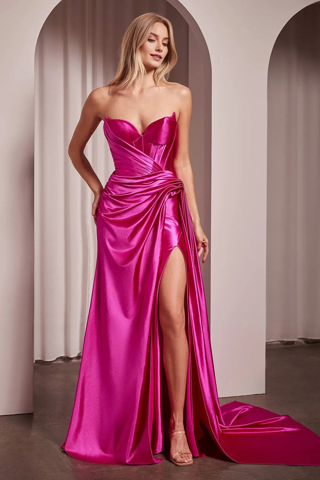 Fashionable Satin  Sheath Strapless sweetheart  Lace Up Floor length side leg slit prom dress for women hot sale