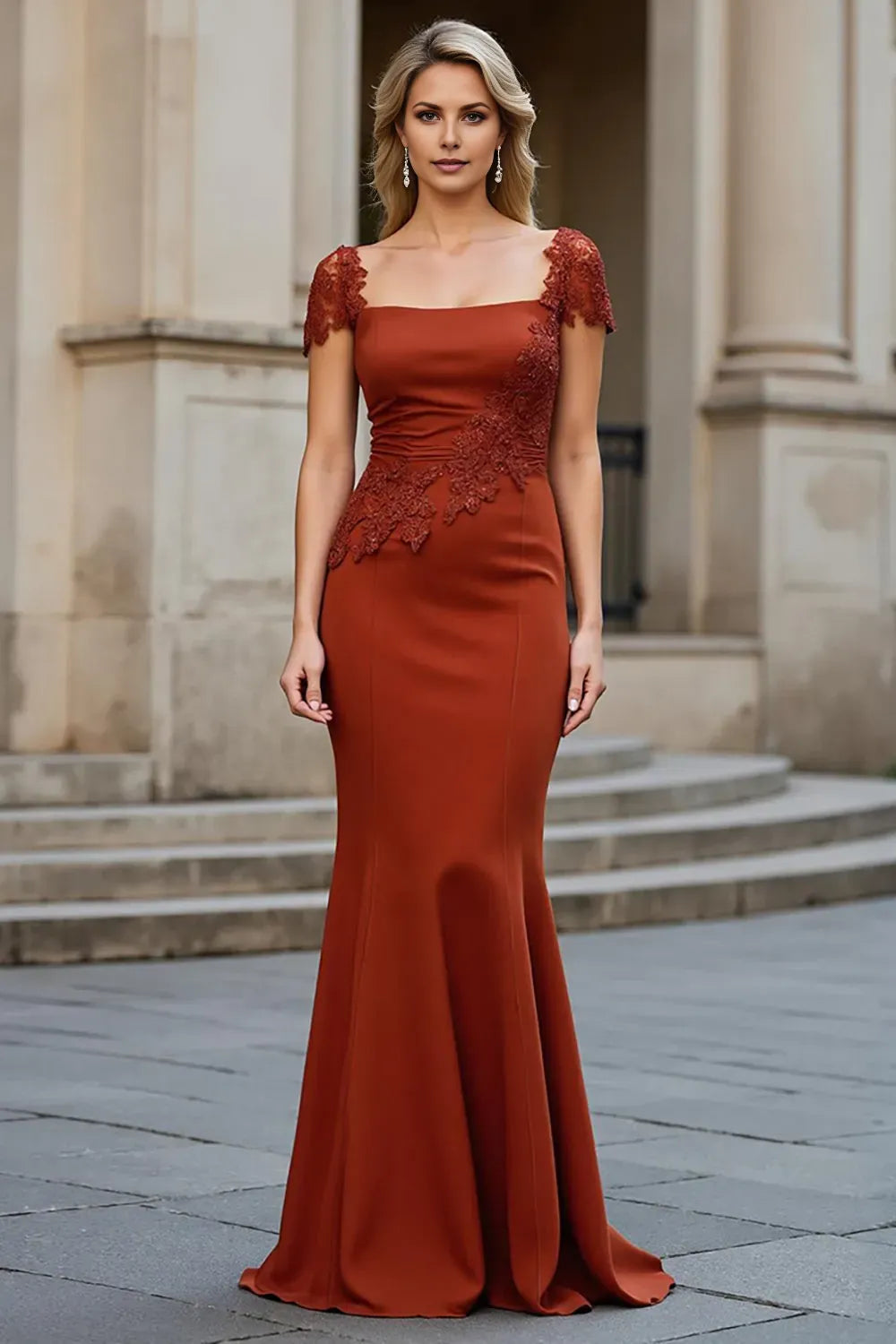 Fashionable Satin Square Neck Rust Lace Appliqué Cap Sleeve Mermaid Gown Mother of the Bride Dress ready to ship